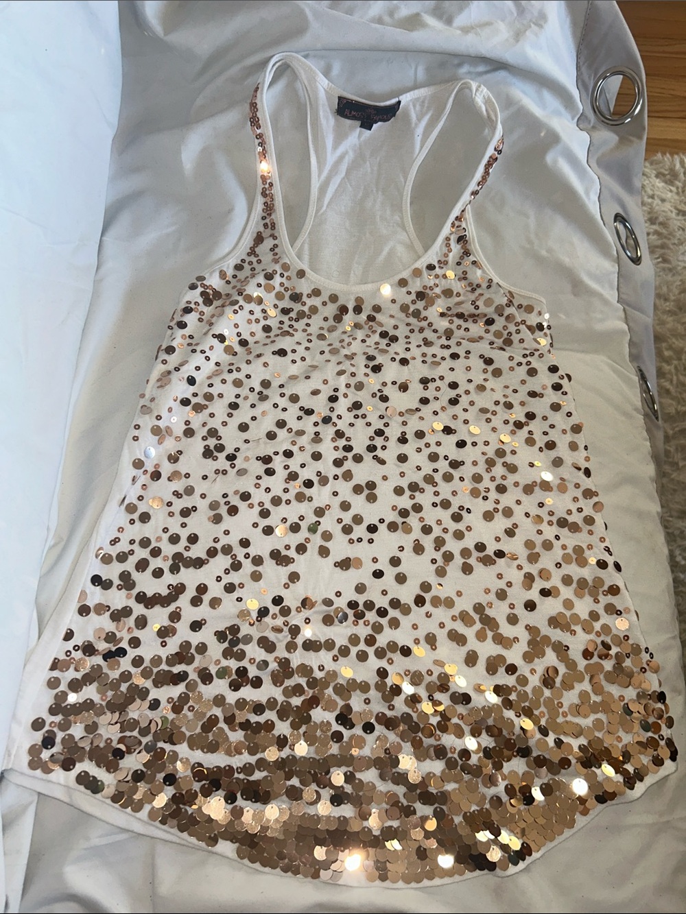 Almost Famous White Tank Top with Rose Gold Sequins